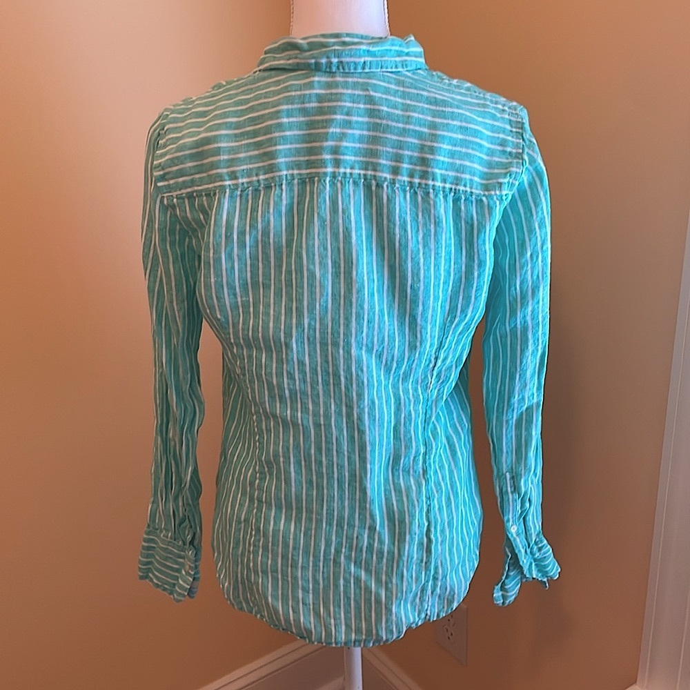 J. Crew x Baird McNutt Irish Linen Striped Perfect Button Shirt 8 aqua green - Picture 3 of 5
